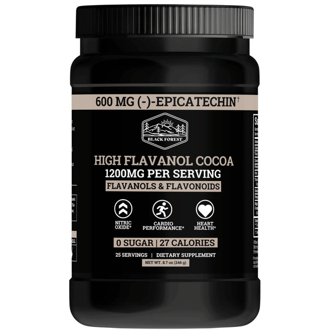 A container of Black Forest Supercharged Cocoa Flavanols & Flavonoids dietary supplement with the text '600MG OF STANDARDIZED EPicatechin' on the label. The container is black, and the product is labeled as a unisex supplement.