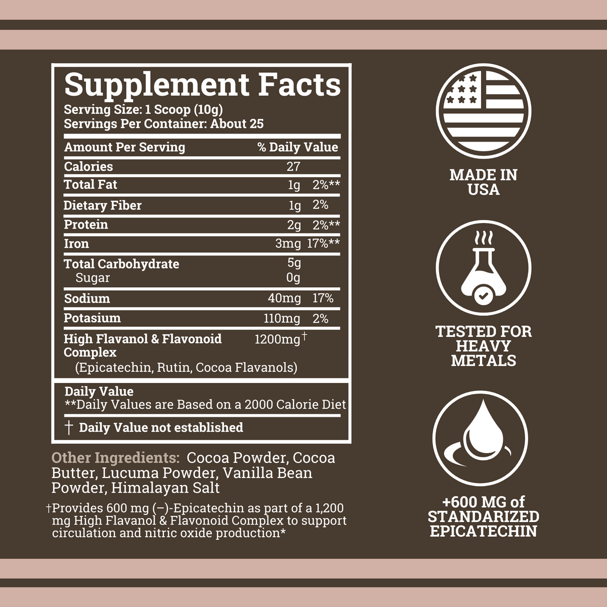 Supplement facts label with icons indicating 'Made in USA', 'Tested for heavy metals', and '600 mg of standardized epicatechin'.