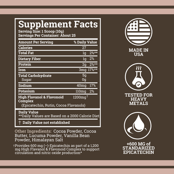 Supplement facts label with icons indicating 'Made in USA', 'Tested for heavy metals', and '600 mg of standardized epicatechin'.